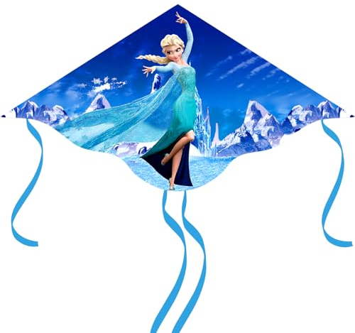COQOYO Drachen Kinder, Eiskönigin Kinderdrachen, Einleiner Flugdrachen mit Griff, Linien und 4 Schwänzen für Strand und Outdoor-Aktivitäten, Cartoon Eisa Prinzessin Kite für Anfänger ab 3 Jahren