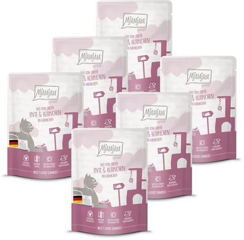 MjAMjAM - Nourriture humide premium pour chats - Quetschie - DUO de canard fondant et poulet juteux aux petites carottes, pack de 6 (6 x 300g), sans céréales avec un supplément de viande
