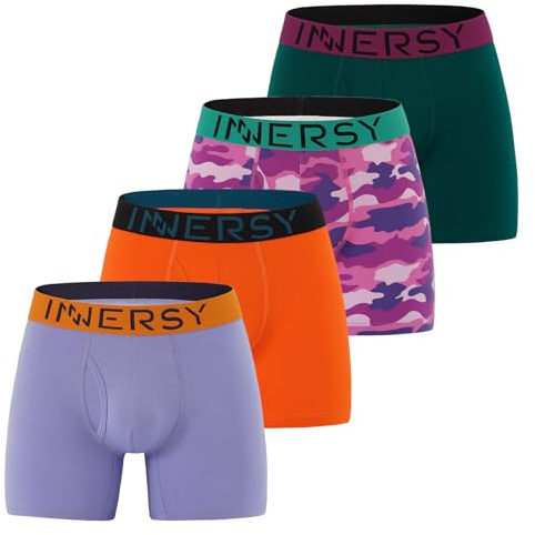 INNERSY Calzoncillos Hombre Boxer Algodon Ropa Interior Clasico Bóxers Ajustados Deportivos Pack de 4 (M, Verde Navidad/Morado/Naranja/Camuflaje)