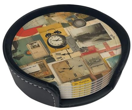 Untersetzer für alte Fotouhren, runde Leder-Untersetzer (6 Stück), Mikrofaser-PU-Leder, weiche Oberfläche, rutschfest, schmutzabweisend, verbrühungsbeständig, für den Einsatz in Restaurants, Küchen,