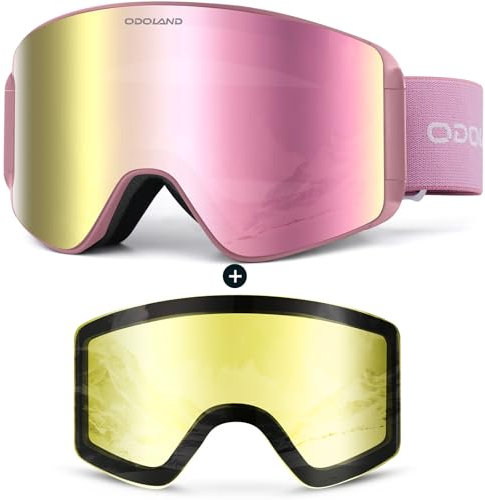 Odoland Skibrille für Damen und Herren Jungen Ski Goggles Anti-Fog UV-Schutz mit Magnetische Wechselglas Snowboardbrille Helmkompatible zum Snowboard Skifahren Rosa