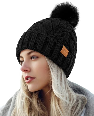PIOZAED Bonnet d'hiver à Pompon pour Femme Bonnet en Tricot Chaud et Confortable Doublure en Polaire Bonnet pour Femme