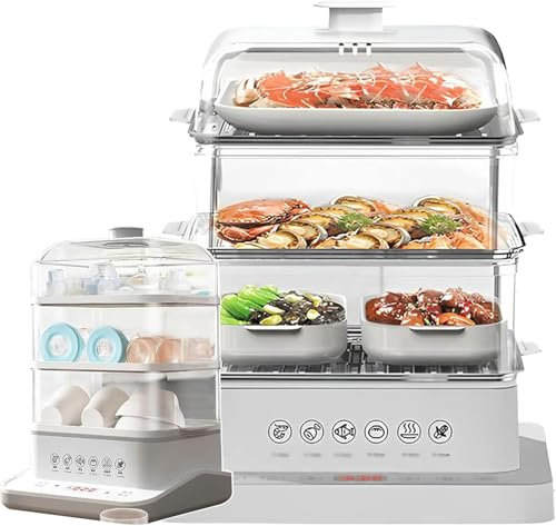 Vaporera Eléctrica (40L), Vaporera Eléctrica con Ciclo de Vapor de 360°, Vaporera Desmontable de 3 Niveles + Plegable de 800w + Reserva de 12h + Quemaduras Antisecas, para Verduras, Carnes,