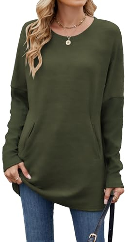 Famulily Pull à col rond long pour femmes, Pull ample pour dames avec manches longues pour l'automne et l'hiver avec poches, vert militaire, L