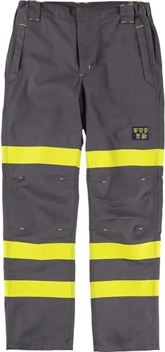 WORKTEAM B1496 Pantalón Ignífugo, Antiestático con protección para Soldadura y Arco Eléctrico, Visibilidad Realzada, Slim Fit, Cintas Fluorescentes Amarillas y Triple Costura. Unisex Gris S