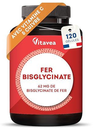 Fer Bisglycinate 14 mg + Vitamine C - Haute absorption, Réduit la Fatigue, Soutien Immunitaire - Avec Cuivre - 120 gélules Vegan - Fabriqué en France - Vitavea