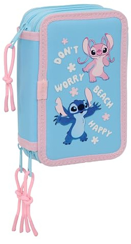 STITCH HAPPY - Trousse scolaire avec 37 outils inclus, trousse pour enfant, idéale pour les enfants de 5 à 14 ans, confortable et polyvalente, qualité et résistance, 12,5 x 5,5 x 19,5 cm, bleu ciel, M