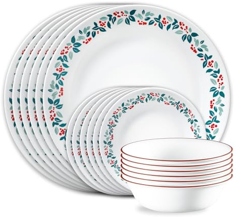 Corelle Vitrelle 18-Piece Christmas Service for 6 Dinnerware Set, Triple Layer Glass and Chip Resistant, Lightweight Round Holiday Plates and Bowls Set, Winter Berries
