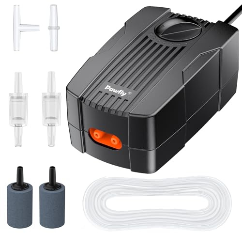 Pawfly Aquarium Air Pump 265 L/H Fish Tank Oxygen Pump for 230-450 L Fish Tanks Buckets Dual Outlet Adjustable Ultra Quiet Aerator Pump with Airline Tubing Air Stones Connectors and Check Valves