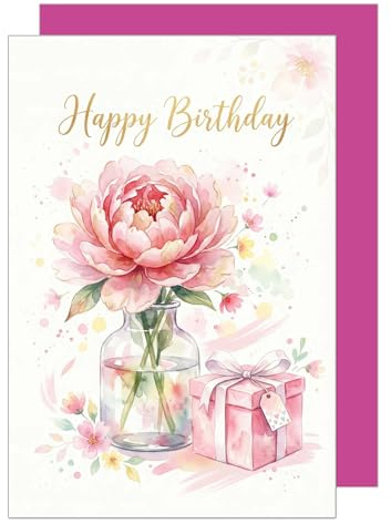 Edition Seidel Carte de vœux d'anniversaire de qualité supérieure avec enveloppe. Carte de vœux avec inscription en anglais. Motif pivoine rosé. Cadeau d'amour pour homme et femme (G3995 SW2026)