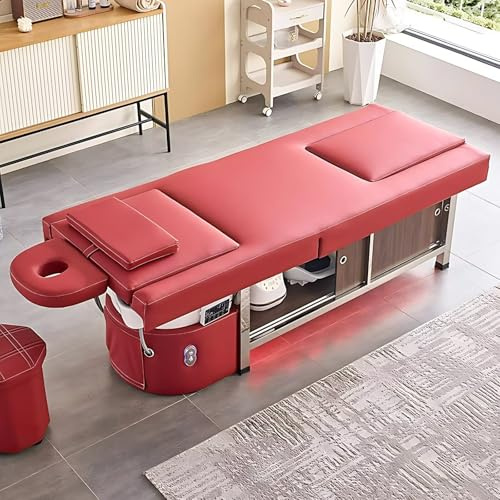 Salon Massage Shampoo Bed & Pedicure Chair with Foot Bathtub, Red Stylish Head Spa Equipment with Water Cycle, Backrest Lift, Open Storage, Stool