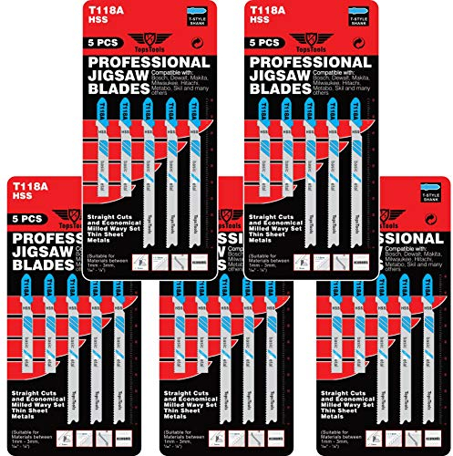25 hojas de sierra de calar de corte de metal TopsTools T118A compatibles con Bosch, Dewalt, Makita, Milwaukee y muchos más