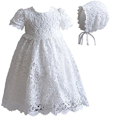 Cinda Robe de baptême en Dentelle bébé avec Bonnet Ivoire 0-3 Mois