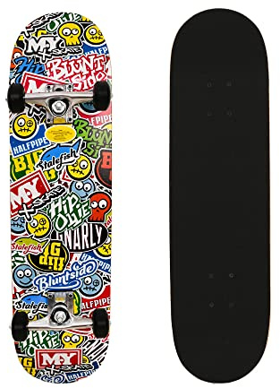 M.Y X-Skate 'Stickers' Complete Skateboard 31 Double Kick Beginner Skateboard for Kids Teenagers & Adults 7 Ply Birch Deck ABEC 7 Bearings for Tricks and Skateparks