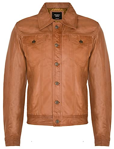 Men’s Smooth Casual Tan Trucker 100% Leather Shirt Jeans Jacket 3XL