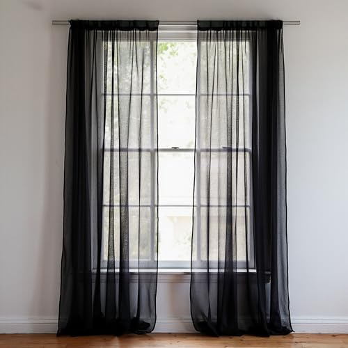 Trimming Shop Black Voile Curtains, 2 Panel Net Curtain, 142 x 206cm | Semi-Transparent Sheer Slot Top Curtain Pair for Bedroom, Kitchen & Living Room, Patio, Hotel