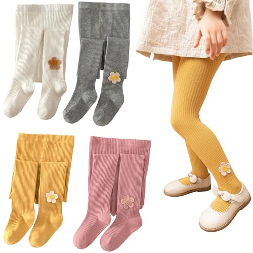 Silkglory Filles, 2 Pièces Collants Bébé Avec Jolie Décoration de Tournesol, Leggings Bas Sans Couture, Nouveau-né Gris/Blanc, 6-7 Ans