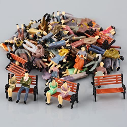 HpLive 50 figuras de personas a escala 1:50 para trenes de modelismo arquitectónico, figuras de plástico de personas pequeñas sentadas y de pie + 6 bancos de parque en miniatura para escenas en