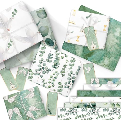 Papierdrachen Lot de 6 feuilles de papier cadeau - 60 x 40 cm - 6 designs différents de qualité supérieure sur papier 80 g/m² - Eucalyptus - Emballage cadeau pour baptême, communion, confirmation -