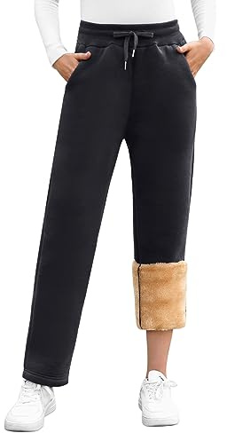 Voqeen Women's Sherpa Lined Sweatpants Thermal Fleece Lined Jogger Pants Winter Thick Furry Trousers Warm Tracksuit Bottoms with Drawstring and Pockets