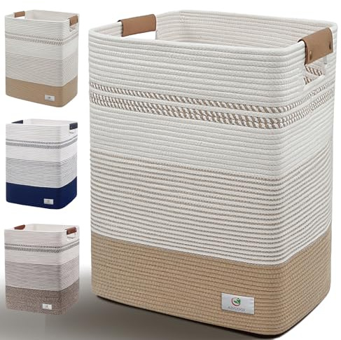 Large Laundry Hamper Basket, 85L Cotton Rope Woven Storage Bin for Blankets, Dirty Clothes Toys, Decorative Tall Basket with Leather Handles for Living Room, Bedroom, Bathroom, Nursery, Jute