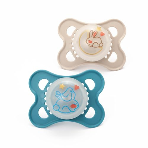 MAM Original Glow-in-the-Dark Dummies, 0-6M, 2 Pack, Orthodontic Design | Comes in Dummy Steriliser Case, Sustainable Materials, Baby Accessories for Newborn, Blue/Cream (Designs Vary)