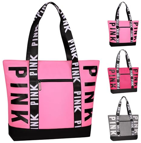 Boomistry Travel Tote Bag for Women Girl, Large Waterproof Beach Bag with Zipper, Travel Handbags for Daily, College, Work, Shopping (Pink)