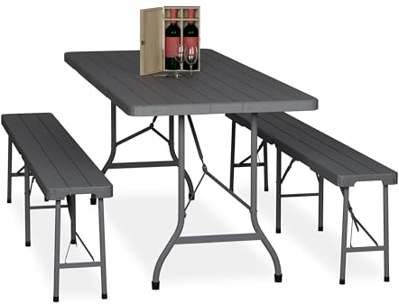 Relaxdays Ensemble Table Pliante et 2 bancs, pour Jardin, pavillon ou Camping, Effet Bois, 180 cm, Gris