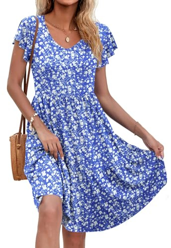 AUSELILY Women UK Summer Midi Dress V-Neck Ruffle Short Sleeve with Pocket | Ruffle Petal Short Sleeves,V-Neck A-Line Silhouette,Two-Tier Midi Dress,Two Side Pockets,Summer Casual Sundress