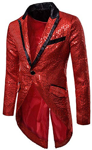 Foweknow Blazer - Chaqueta para hombre con lentejuelas, esmoquin, brillante, para carnaval, fiesta, club nocturno, espectáculo, cosplay, ropa de los años 70, disfraz para hombre, rojo, L