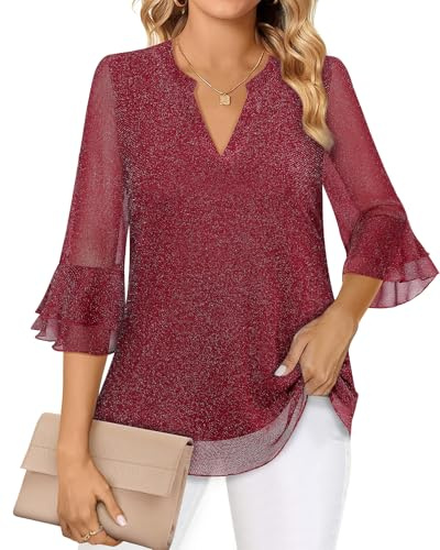 Akiooue Blusas para mujer, manga acampanada 3/4, estilo túnica, casual, elegante, cuello en V, doble capa, blusa de trabajo de gasa S-3XL, Rojo brillante, L