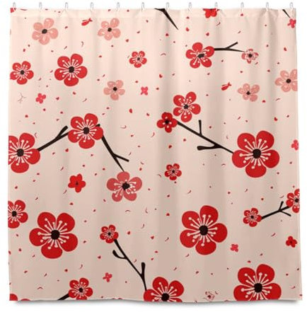 miaozhen Tenda da doccia standard in materiale idrorepellente con gancio, 182 x 182 cm, in poliestere con fiori di ciliegio rosso, lavabile, grande tenda da doccia per decorazione cortine da doccia