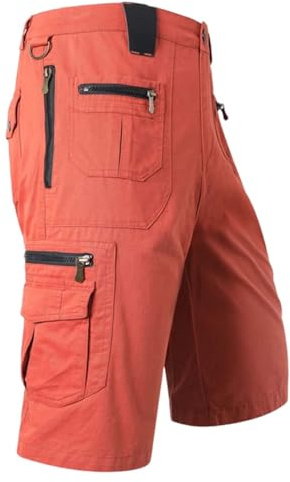 Fickor med flera blixtlås cargoshorts för män vandring knälånga shorts män avslappnad passform trendig militär under knät capribyxor utomhus träning strid herrkläder sommar lätt loungebyxor, Orange, M
