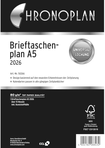 Chronoplan 50266 Kalendereinlage 2026 (Brieftaschenplan A5 (156x210mm) Ersatzkalendarium für Terminplaner, Monatsplaner für 15 Monate, 1 Monat auf 1 Seite zum Aufklappen, mit Universallochung) weiß