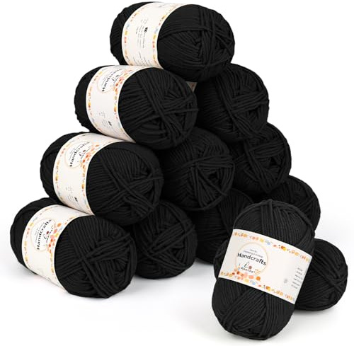Aeelike Crochet Yarn Set 600g, 12 Pack Double Knitting Yarn Acrylic Wool 50g, Soft 5Ply Milk Cotton Yarn Knitting Wool for Beginners Crochet Amigurumi, Baby Blanket, Socks, Scarves and Crafts (Black)