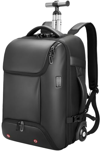 SWICKY RICOOI Reiserucksack mit rollen,17 Zoll Laptop trolley rucksack, Wasserfester Handgepäck-Rucksack mit USB-C-Anschlüssen, Diebstahlsicher für Reisen, Geschäftsreisen und Pendeln, Schwarz