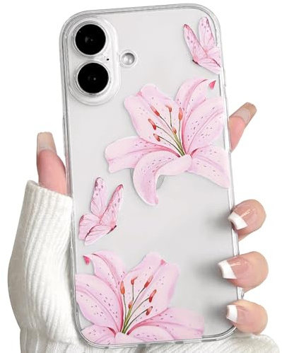 NITITOP Skal för iPhone 16 Sött Transparent Lilja Blomma Mönster Blommig Fjäril Design Aestetiskt för Kvinnor Tjejer Genomskinligt Klar Mjukt TPU Stötsäker Skyddande Fodral - Rosa | Transparent fjärilsmönster, för kvinnor flickor, mjuk TPU, anti-gulning anti-repor, stötskydd fodral