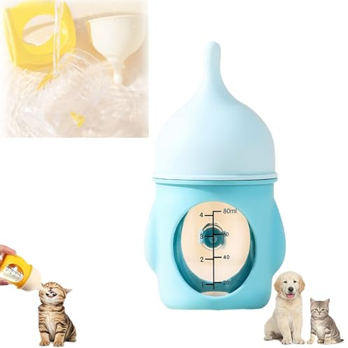 Leak-Proof Squeezable Kitten Bottle, Silicone Kitten Bottle Feeding Kit, Newborn KittenBottle, Anti-Choking Air Valve for Flow Control for Nursing Puppy and Cat Milk (Light Blue, 80 mL)