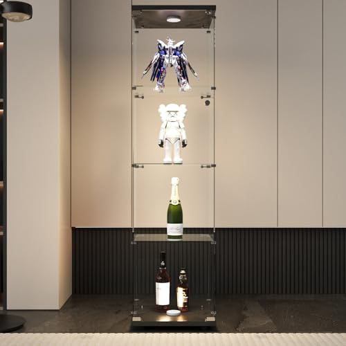 JYNVO Vitrina de Cristal con iluminación y 4 estantes, Vitrina de Vidrio Templado con Marco Negro, Vitrina Vertical de Cristal, Vitrina de Vidrio de Calidad de colección, Vitrina de salón