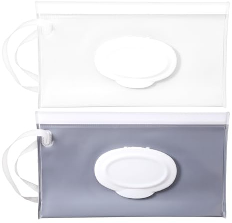 Bremorou 2 Stück Feuchttücherbox Tragbarer Feuchttücher Box mit Deckel Feuchttuchspender Wiederverwendbare Nachfüllbarer Tücherbehälter Tasche für Unterwegs Zuhause Büro Reise (Weiß Grau)