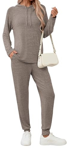 Famulily Long Sleeve Womens Tracksuit Sets Solid Color Drawstring Hoodies and Elastic Jogger Pants with Pockets S-XXL