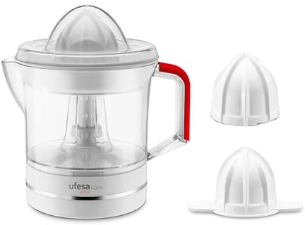 Ufesa Zest Elektrischer Entsafter, 25 W, 0,7 L Fassungsvermögen, Edelstahlgehäuse, 2 Kegel, bidirektionale Rotation, automatisches Einschalten, abnehmbare Teile, BPA-frei
