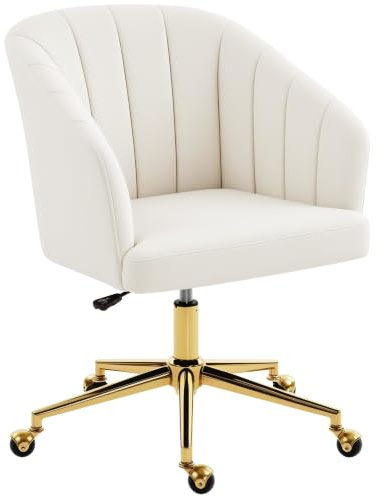 HOMCOM Silla de Oficina con Ruedas, Silla de Escritorio de Terciopel Crema | Respaldo Acolchado con Costuras, Asiento Ancho, Altura Ajustable, Espuma de Alta Resiliencia, para Casa, Oficina