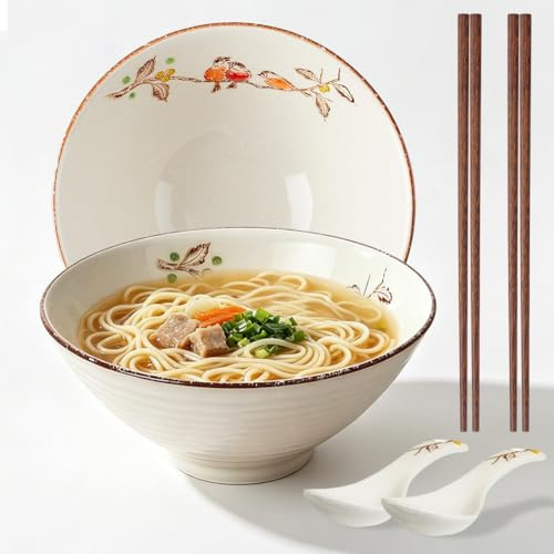 Set med 2 keramiska Ramen-skålar på 1 200 ml med ätpinnar och skedar, stor skål på 20 cm, mikrovågssäker och diskmaskinssäker för pasta, soppa, pho, sallad (A)