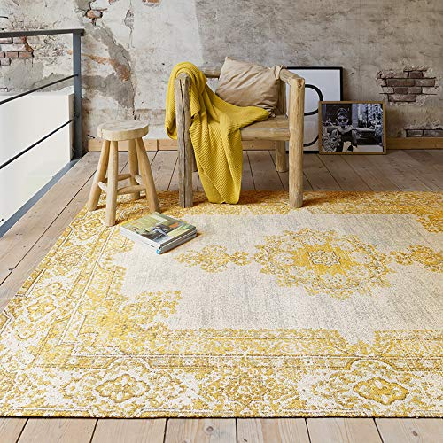 FRAAI | Home & Living Teppich Vintage - Dreams Ockergelb - Baumwolle - Flachgewebe - Vintage - Wohnzimmer, Esszimmer, Schlafzimmer - Carpet