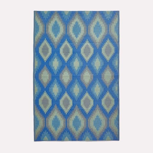 HOMESCAPES Luxury Extra Large Outdoor Rugs for Garden Patio Waterproof 100% Recycled Plastic Mat Carpet 150 x 240cm Reversible Blue & Green Geometric Rug “Amber”, Indoor/Outside & Portable, Seamless