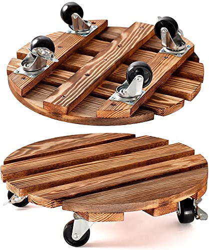 HOHY 2-Pack 12 Plant Caddy Plant Stand with Wheels Heavy Duty Wood Rolling Plant Stand with 2 360° Lockable Wheels,Indoor Outdoor Plant Roller for Large Planters, Flower Pot, Patio