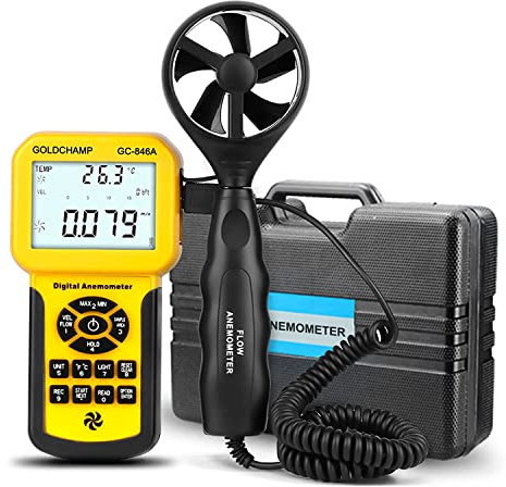 Professional Anemometer,GOLDCHAMP CFM Wind Speed Meter Datalogger 0.3-45m/s Wind Gauges with Wind Flow Temperature Measurement MAX/MIN/AVG Value, Data Record
