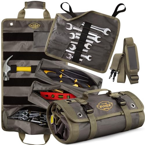 The Ryker Bag Pro Tool Roll Organizer – 4 abnehmbare Werkzeugtaschen + abnehmbare Schraubenschlüsselrolle, robuste aufrollbare Werkzeugtasche, Organizer, Werkzeugtasche für Motorrad/Mechaniker