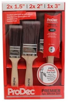 Juego de brochas sintéticas ProDec Premier Trade de 7 Piezas para un Acabado Liso con Pinturas de emulsión, techos, Madera, Metal, 2X 1,5, 2X 2, 1x 3 Pulgadas + brocha Ovalada de 1,5 Gratis